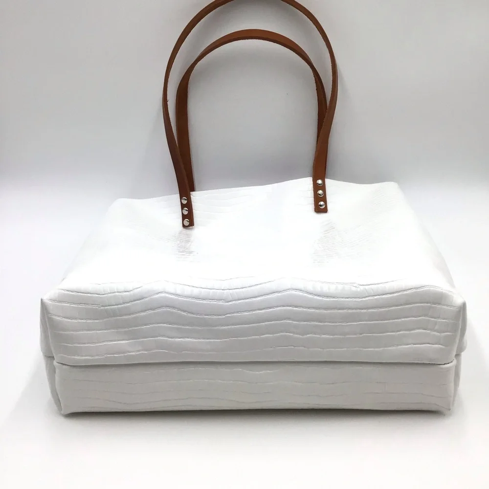 New Handmade croc embossed white leather large unlined tote shoulder handbag
